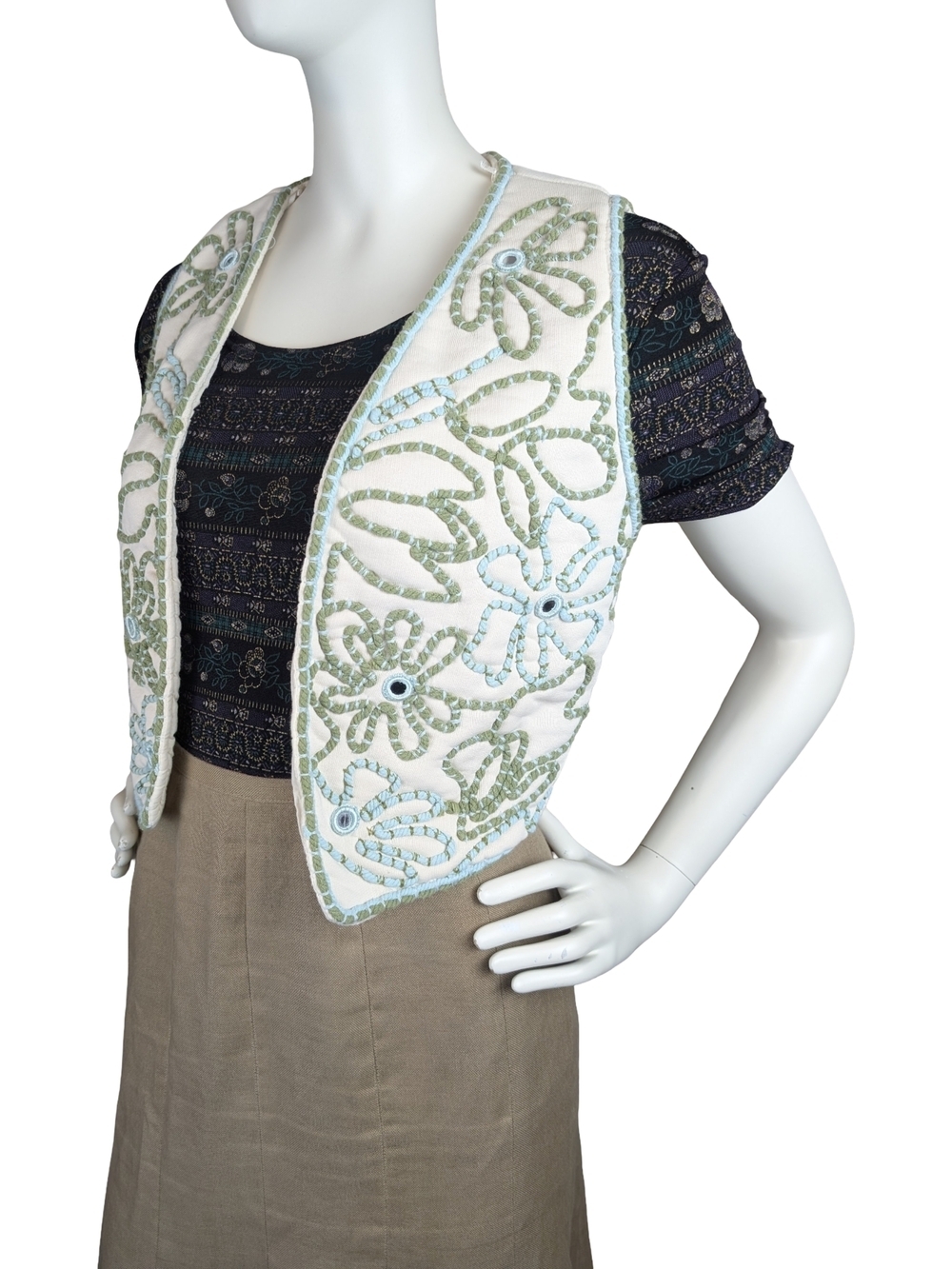 Zara Embroidered Cotton Cropped Vest Size S Ecru Green Blue Boho Festival